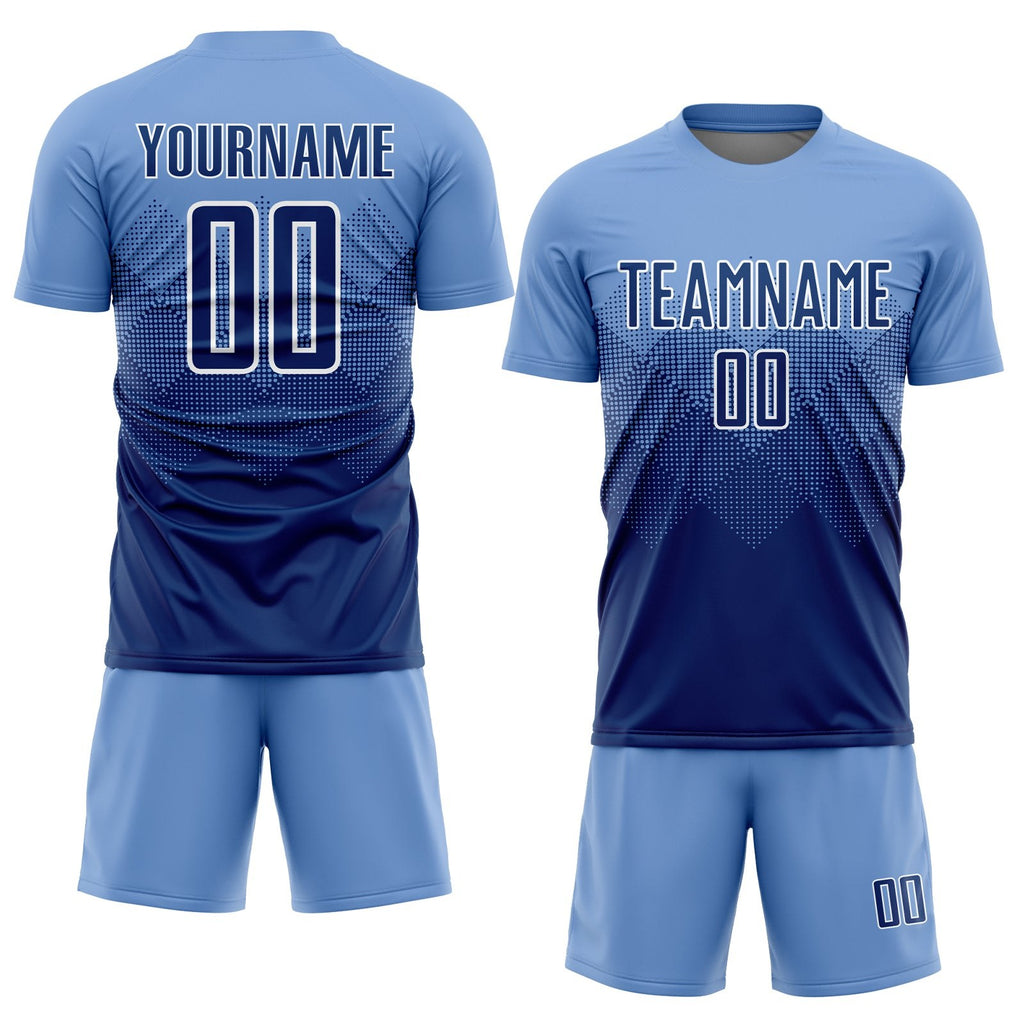 Custom Light Blue Navy-White Sublimation Soccer Uniform Jersey photo 2