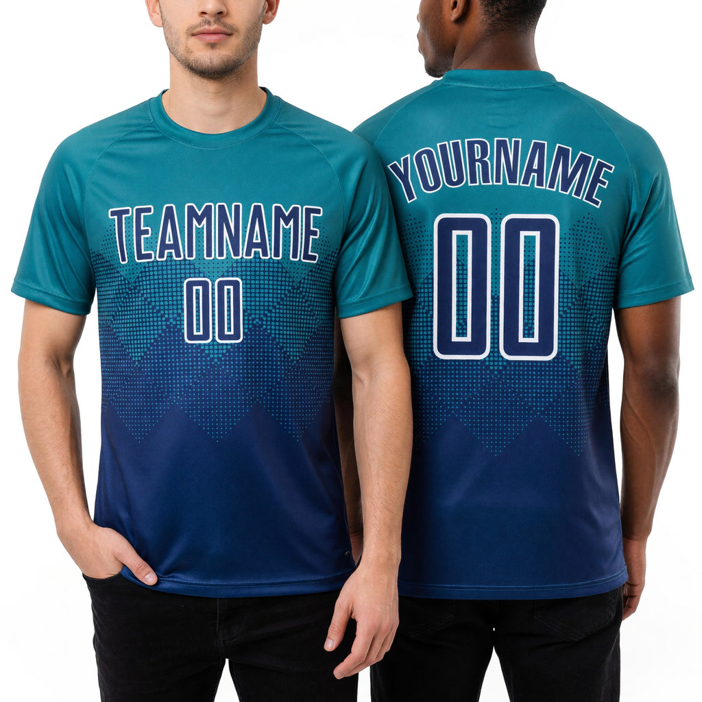 Custom Teal US Navy Blue-White Sublimation Soccer Uniform Jersey worn front and back