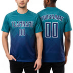 Custom Teal US Navy Blue-White Sublimation Soccer Uniform Jersey worn front and back