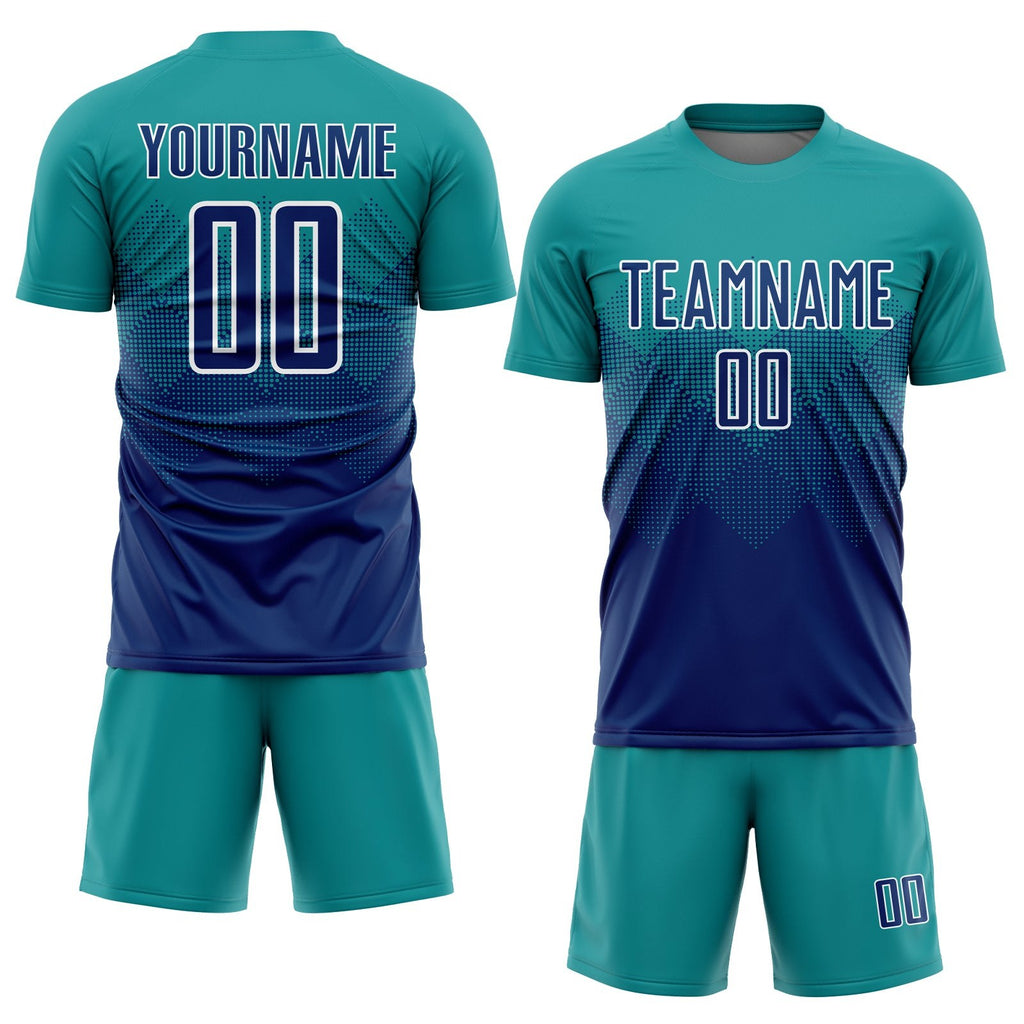 Custom Teal US Navy Blue-White Sublimation Soccer Uniform Jersey photo 2