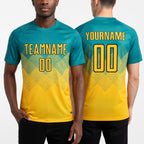 Custom Teal Gold-Black Sublimation Soccer Uniform Jersey worn front and back