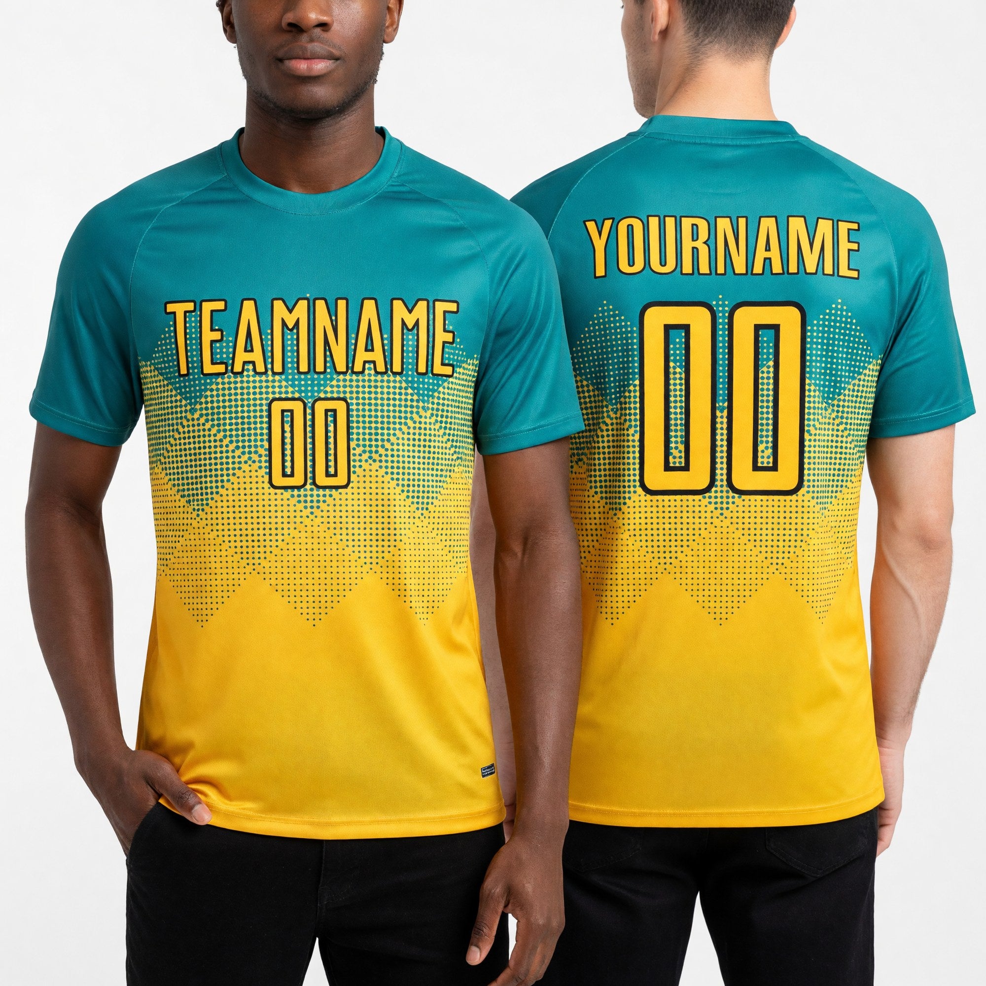 Custom Teal Gold-Black Sublimation Soccer Uniform Jersey worn front and back