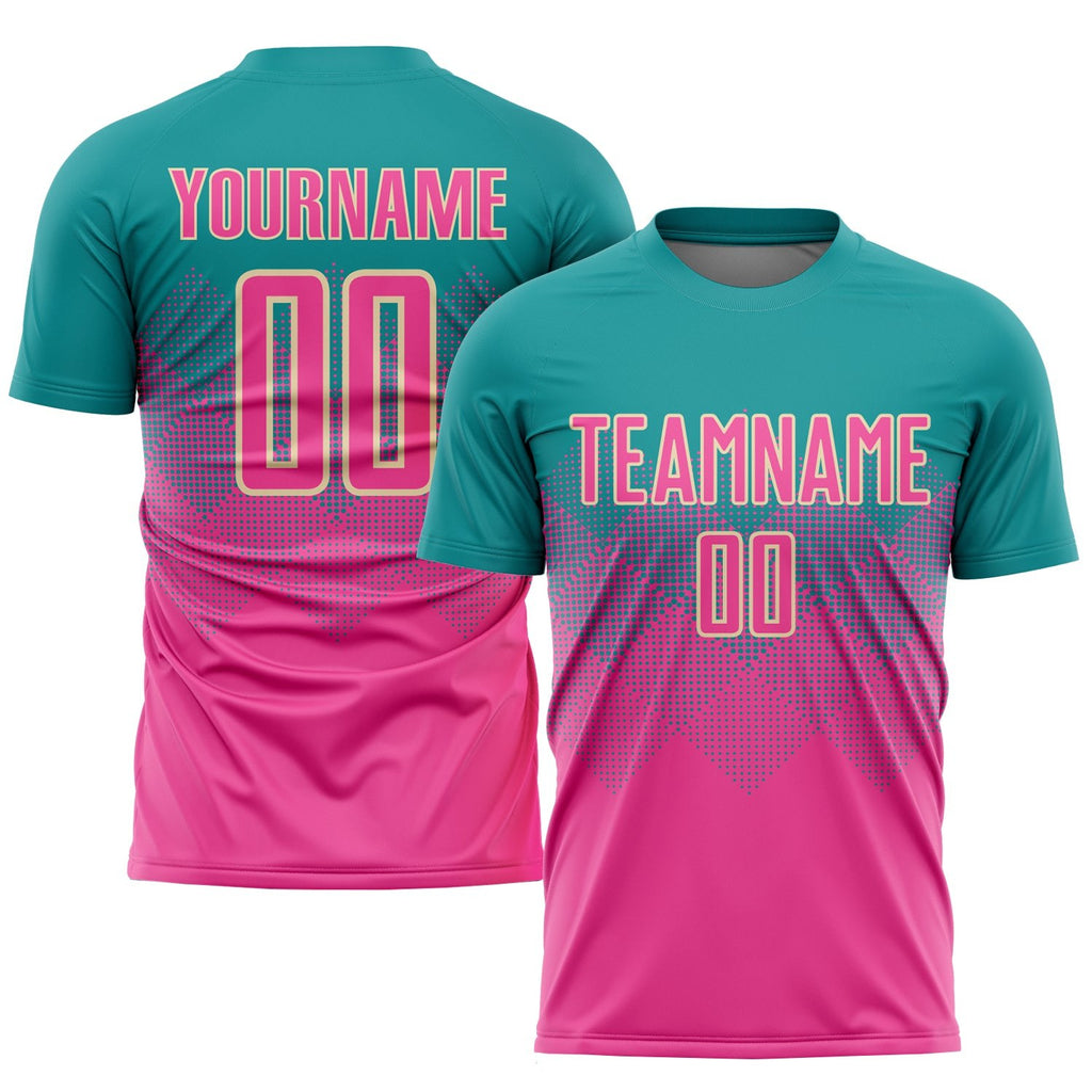 Custom Teal Pink-Cream Sublimation Soccer Uniform Jersey photo 1