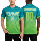 Custom Teal Neon Green-White Sublimation Soccer Uniform Jersey worn front and back