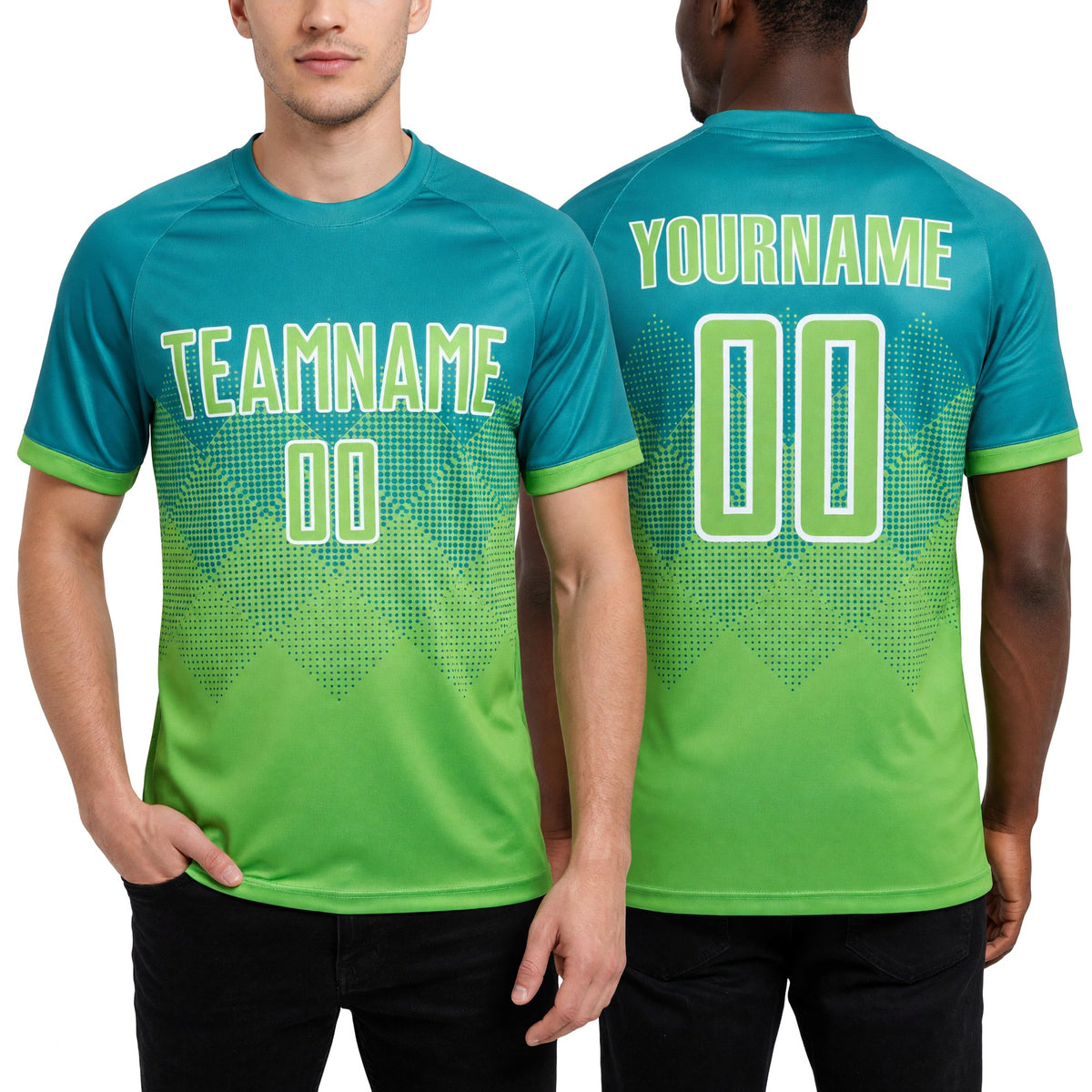 Custom Teal Neon Green-White Sublimation Soccer Uniform Jersey worn front and back
