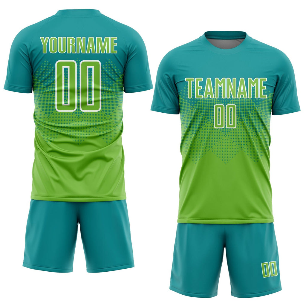 Custom Teal Neon Green-White Sublimation Soccer Uniform Jersey photo 2