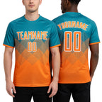 Custom Teal Bay Orange-White Sublimation Soccer Uniform Jersey worn front and back