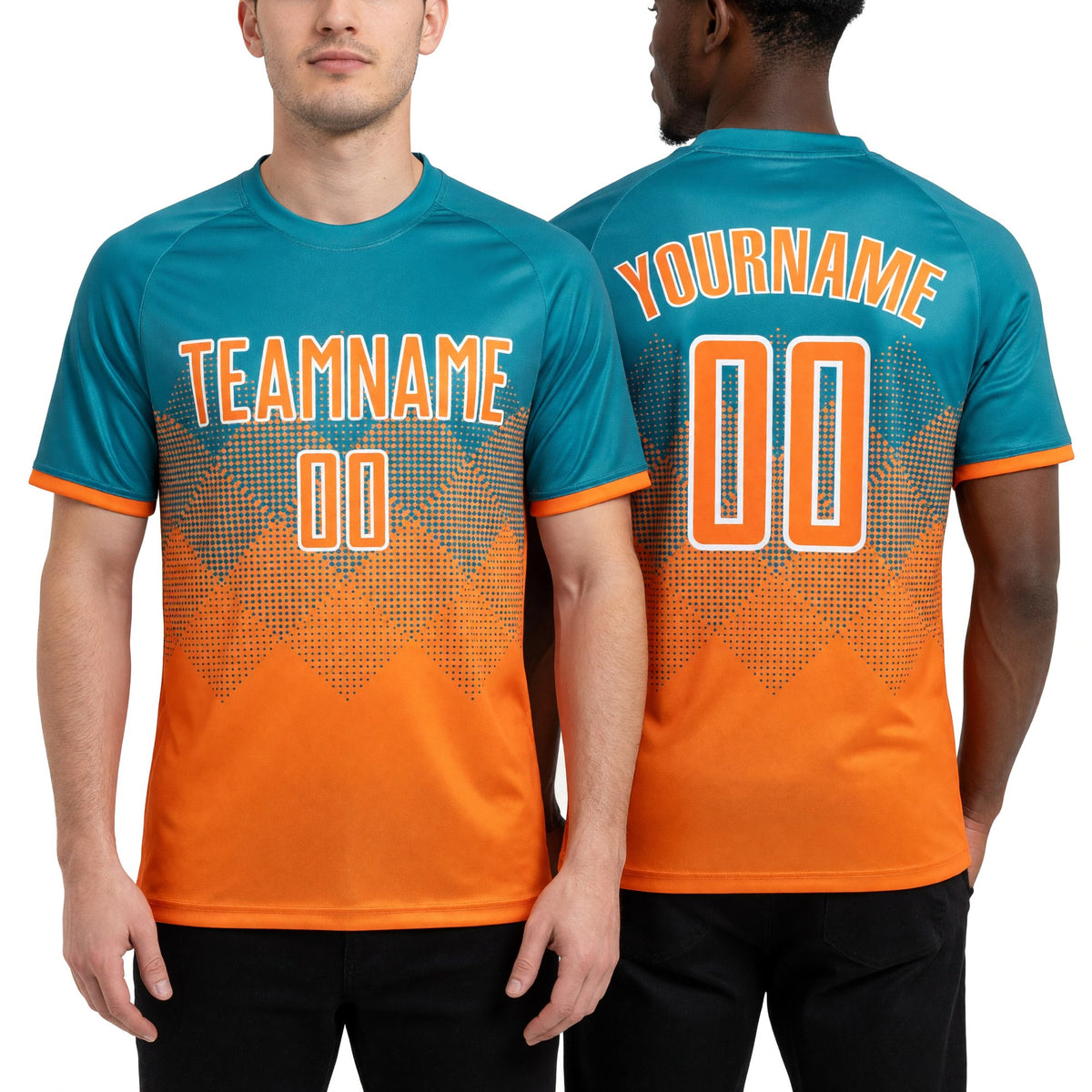 Custom Teal Bay Orange-White Sublimation Soccer Uniform Jersey worn front and back