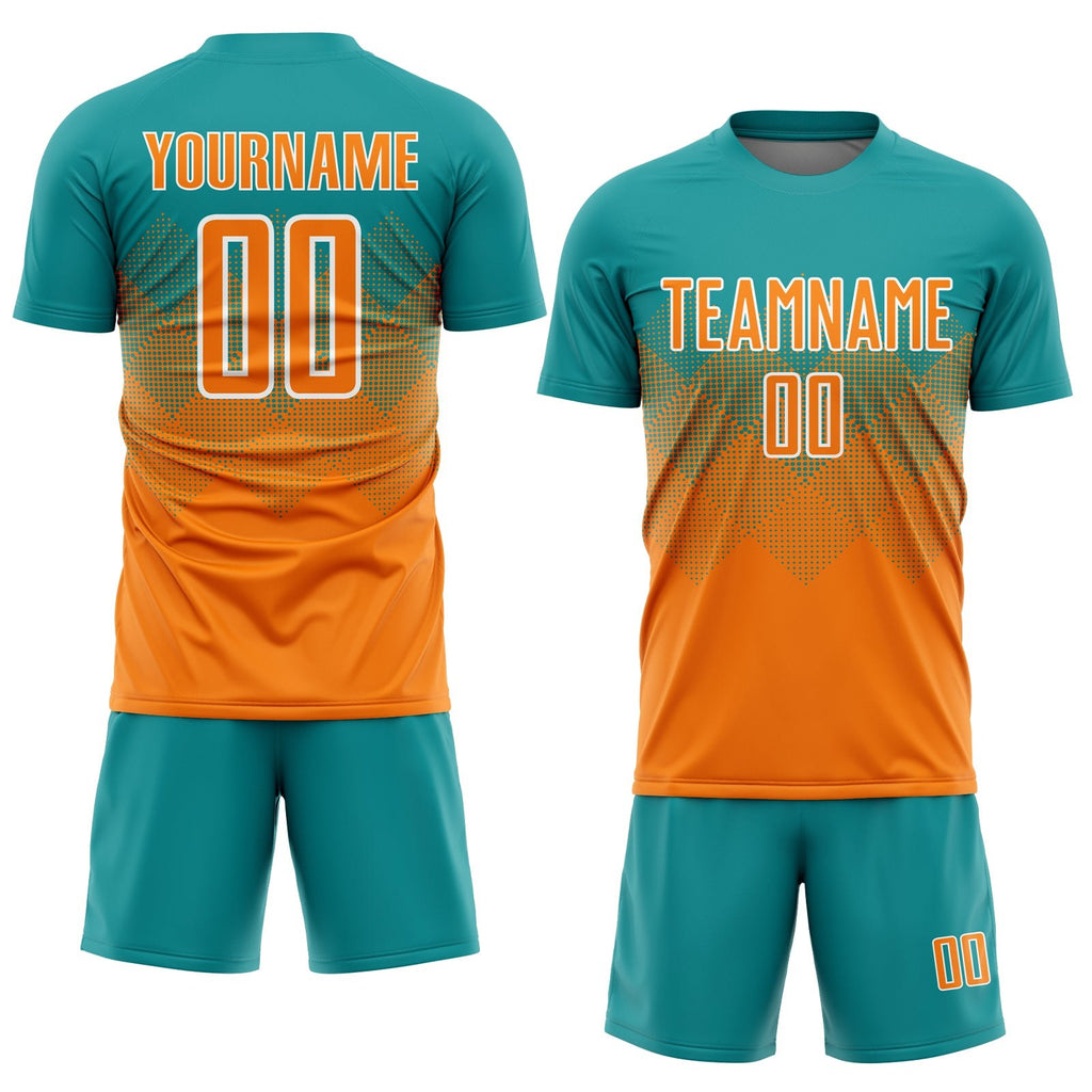 Custom Teal Bay Orange-White Sublimation Soccer Uniform Jersey photo 2
