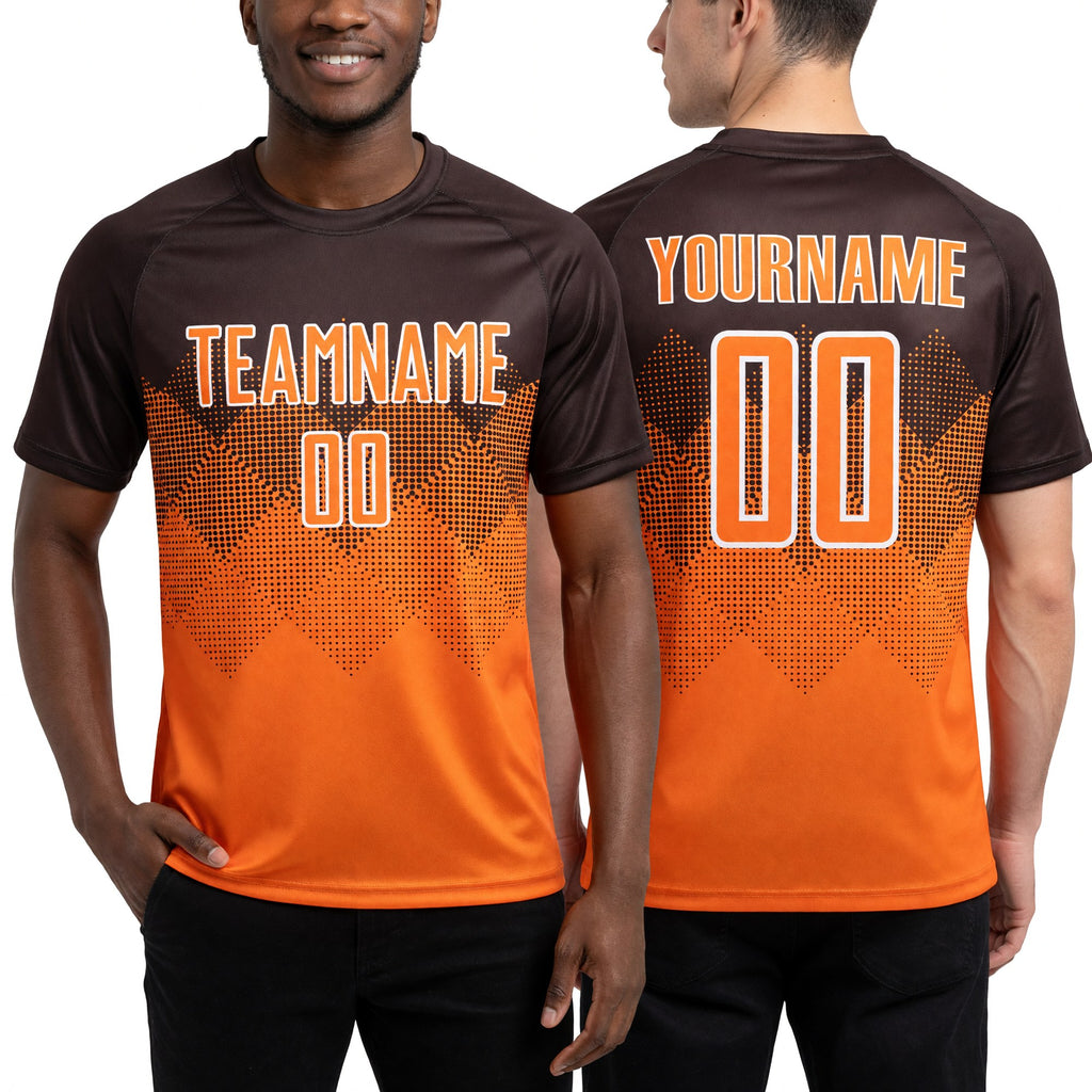 Custom Brown Bay Orange-White Sublimation Soccer Uniform Jersey worn front and back