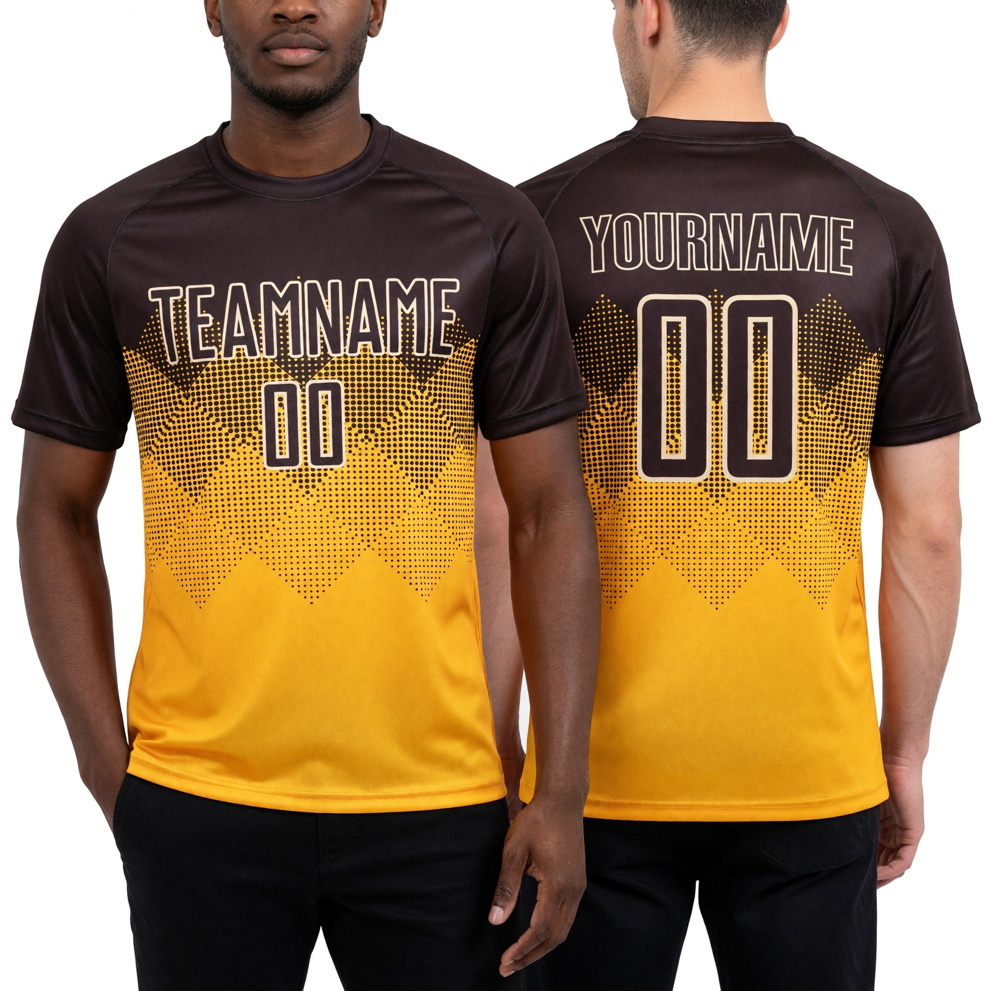 Custom Gold Brown-Cream Sublimation Soccer Uniform Jersey worn front and back