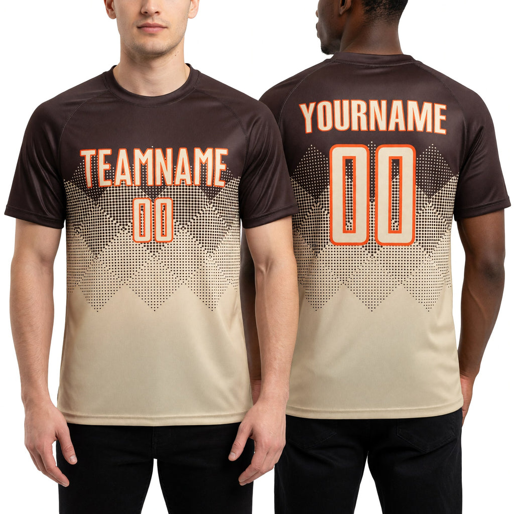 Custom Brown Cream-Orange Sublimation Soccer Uniform Jersey worn front and back