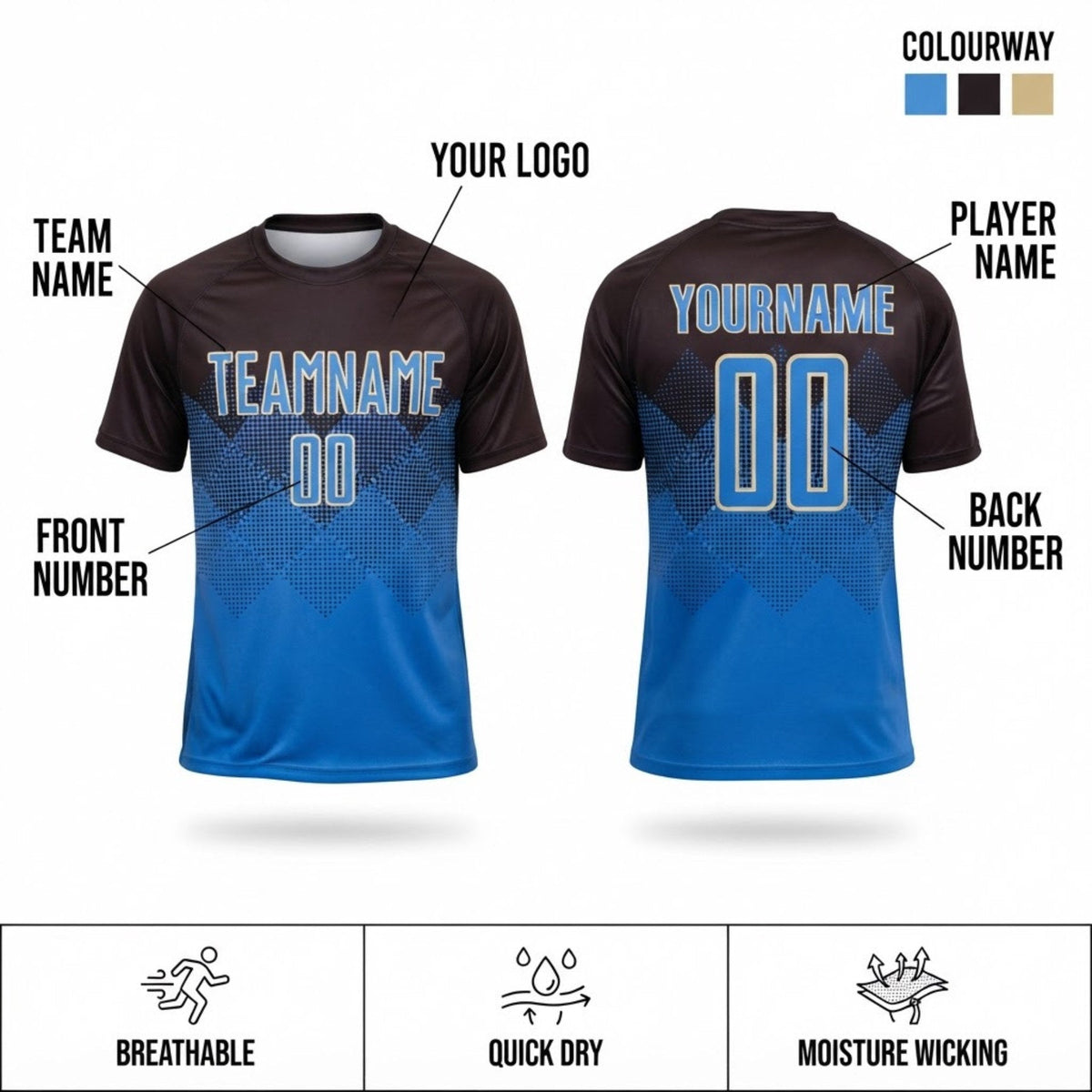 Custom Brown Sublimated Soccer Jersey with Powder Blue and Cream Lettering customization guide