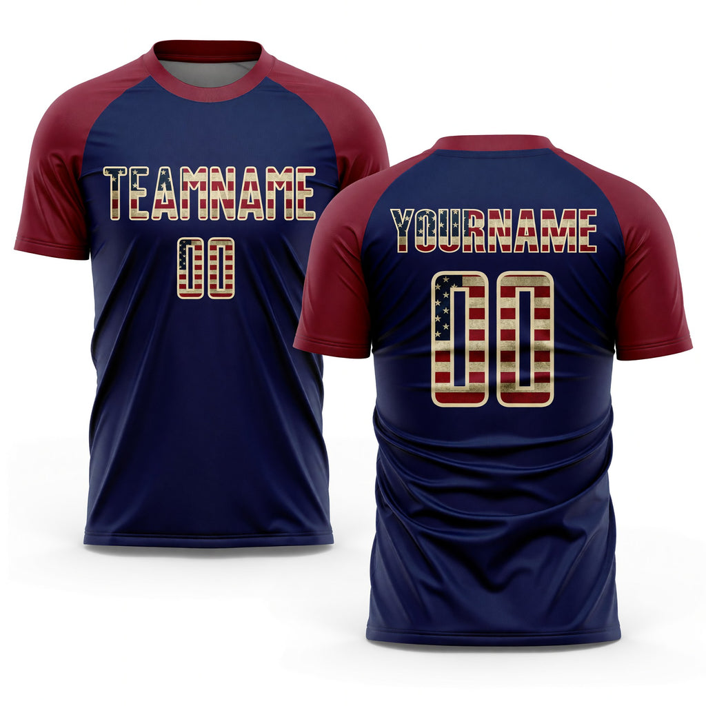 Custom Crimson Vintage USA Flag Navy-Cream Sublimation Soccer Uniform Jersey