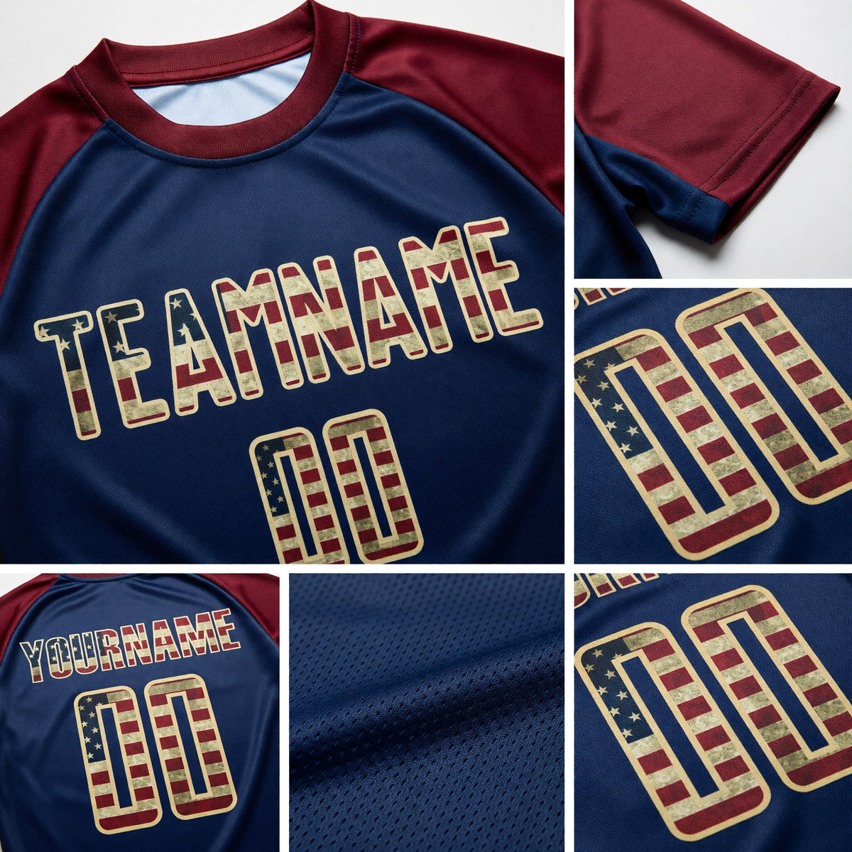 Custom Crimson Vintage USA Flag Navy-Cream Sublimation Soccer Uniform Jersey detail