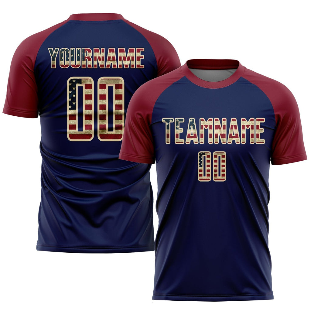 Custom Crimson Vintage USA Flag Navy-Cream Sublimation Soccer Uniform Jersey photo 1