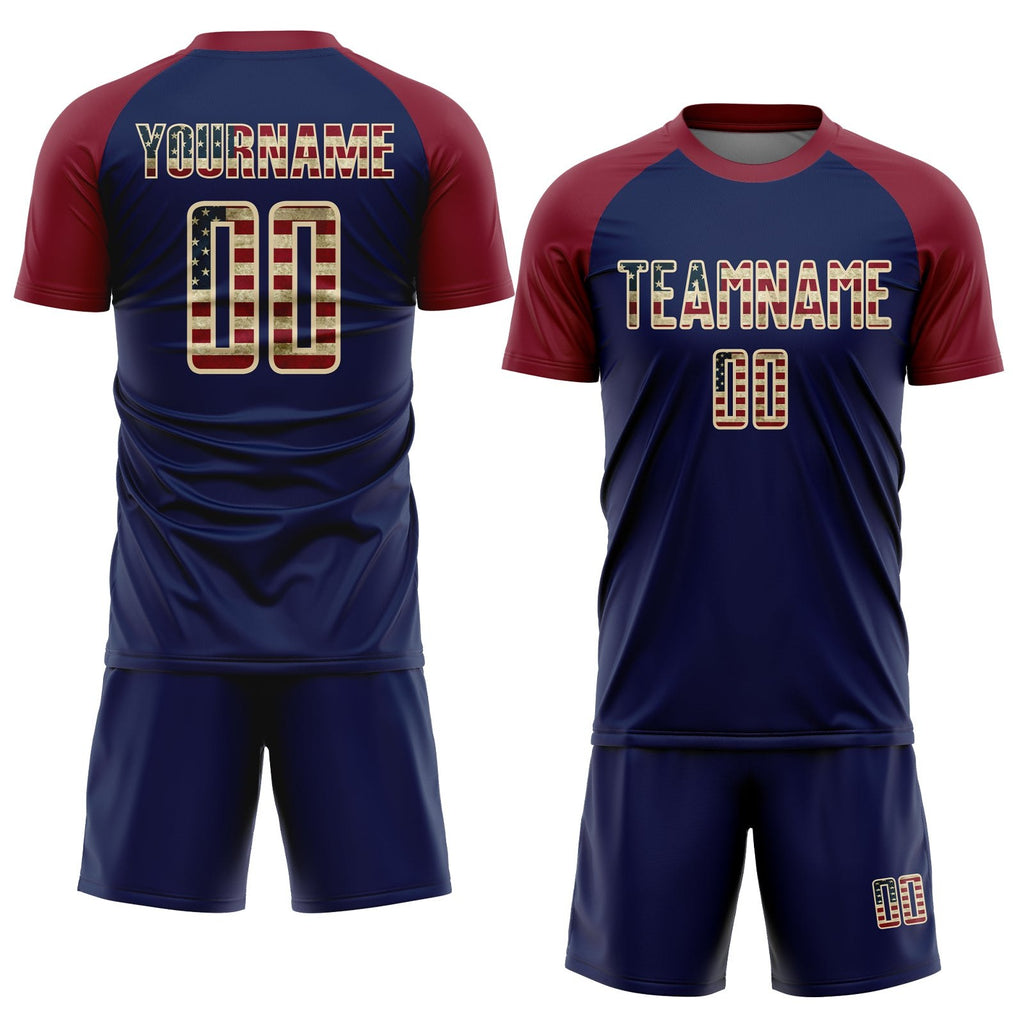 Custom Crimson Vintage USA Flag Navy-Cream Sublimation Soccer Uniform Jersey photo 2
