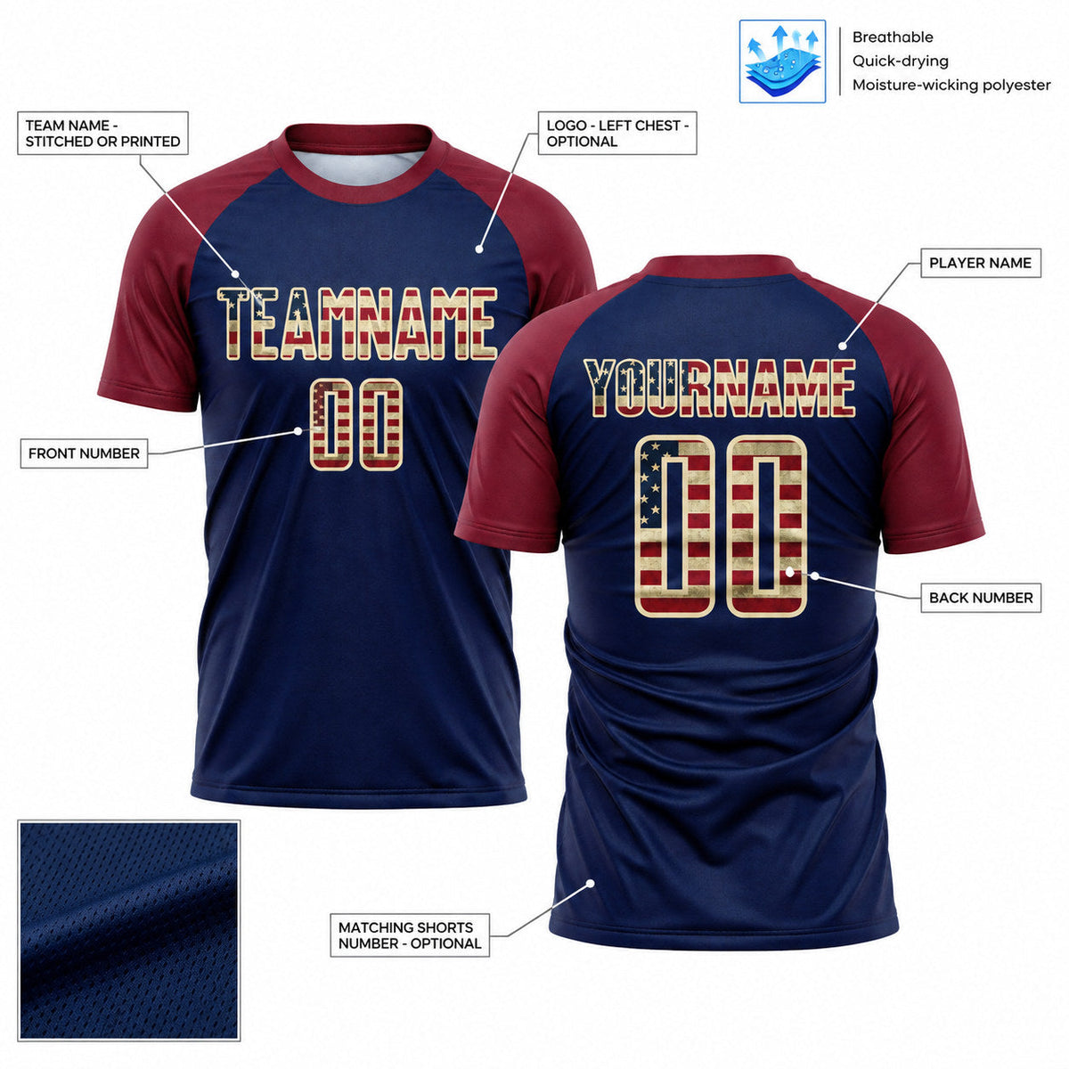 Custom Crimson Vintage USA Flag Sublimated Soccer Jersey with Navy and Cream Lettering customization guide