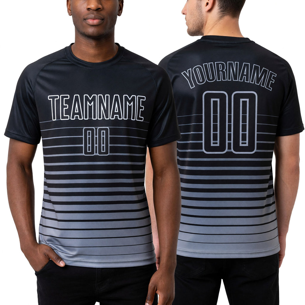 Custom Black Gray Pinstripe Fade Fashion Sublimation Soccer Uniform Jersey worn front and back