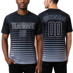 Custom Black Gray Pinstripe Fade Fashion Sublimation Soccer Uniform Jersey worn front and back