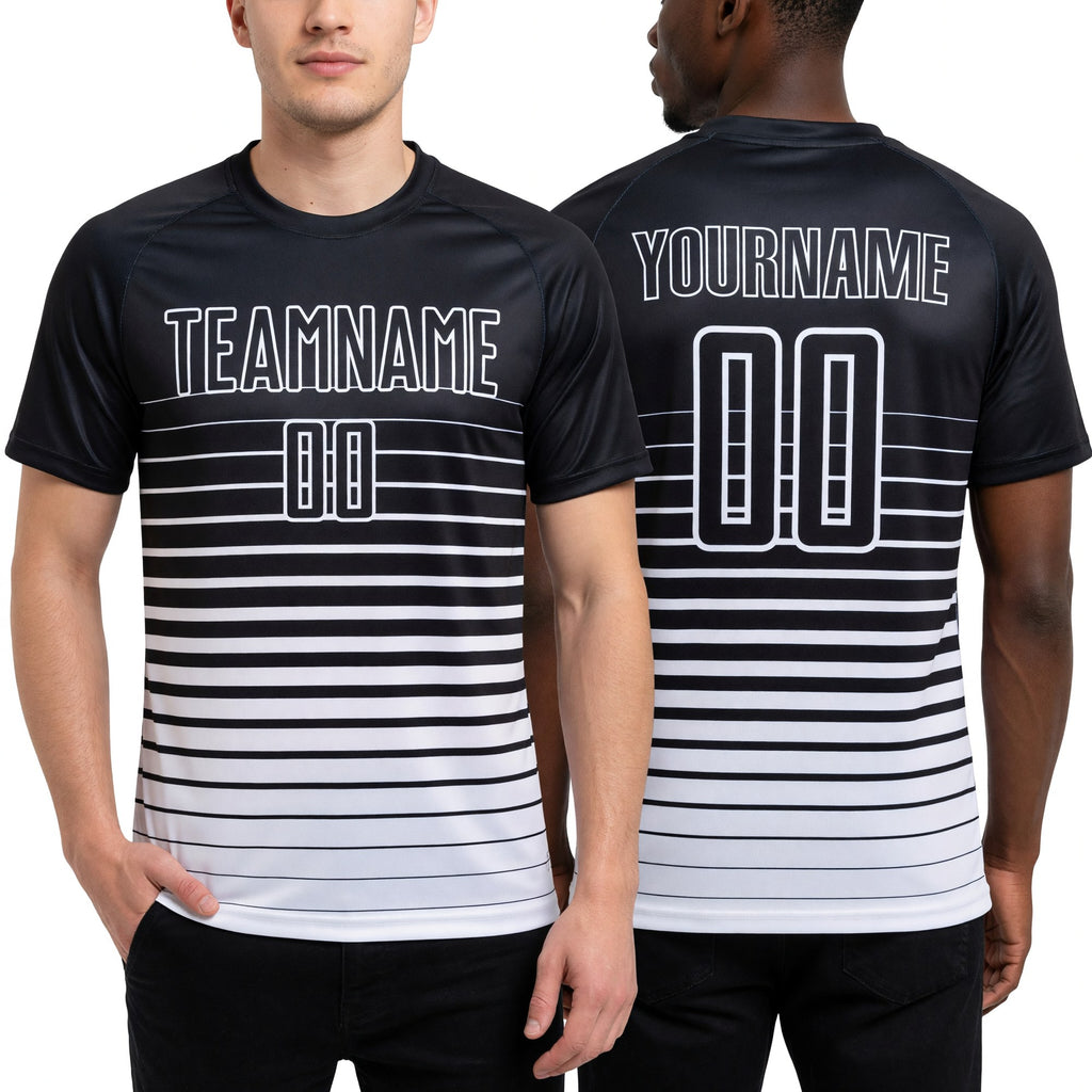 Custom Black White Pinstripe Fade Fashion Sublimation Soccer Uniform Jersey worn front and back