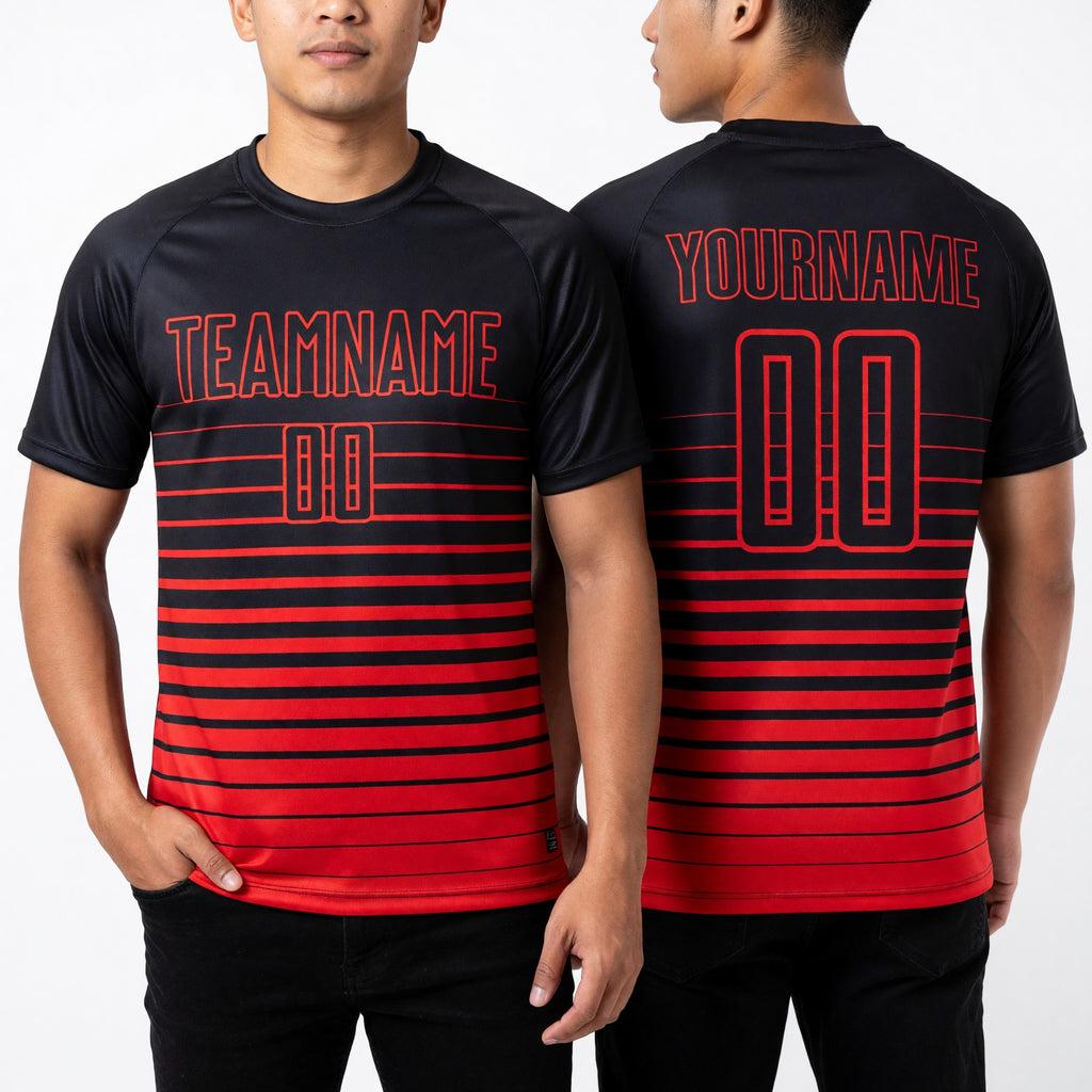Custom Black Red Pinstripe Fade Fashion Sublimation Soccer Uniform Jersey worn front and back