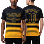 Custom Black Gold Pinstripe Fade Fashion Sublimation Soccer Uniform Jersey worn front and back
