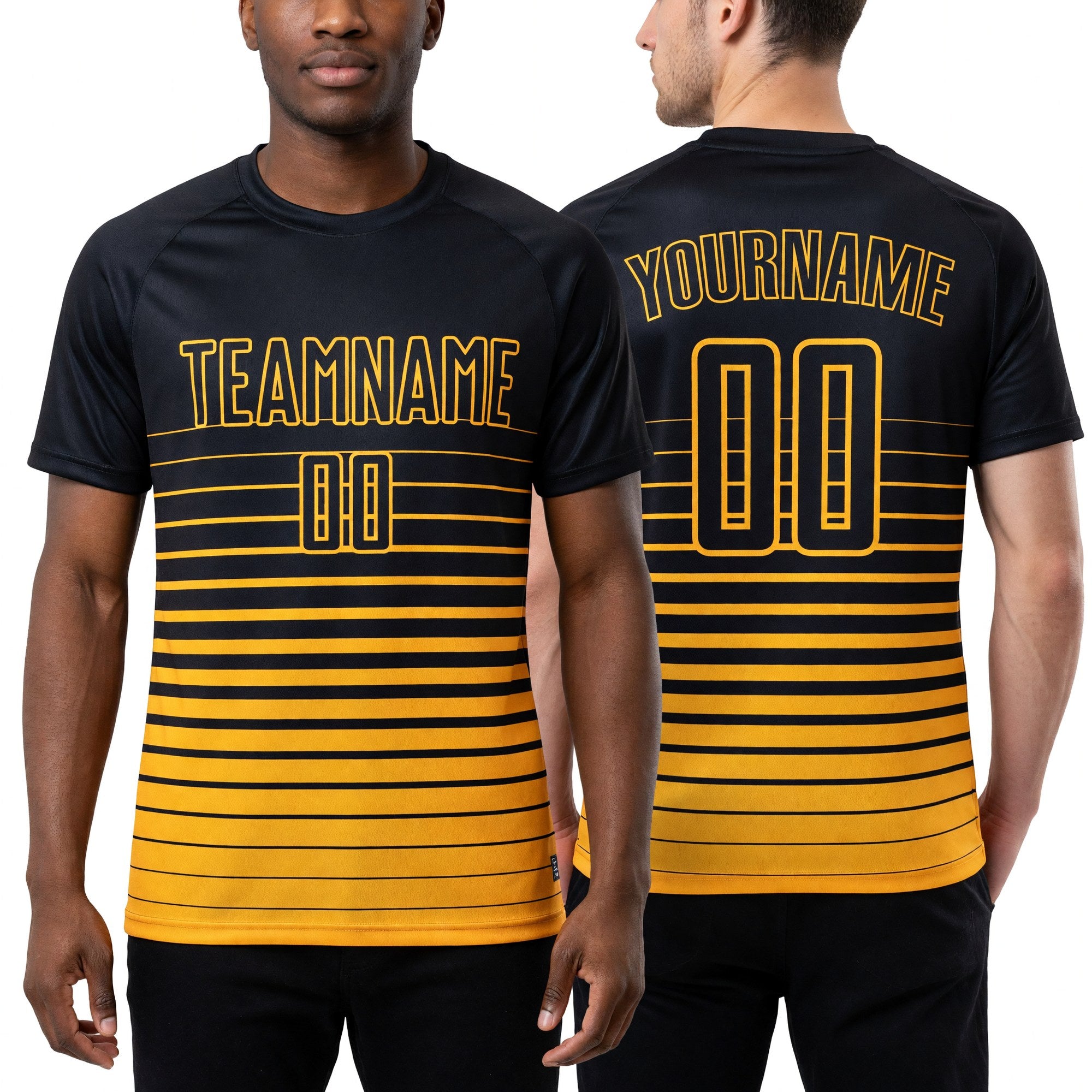 Custom Black Gold Pinstripe Fade Fashion Sublimation Soccer Uniform Jersey worn front and back