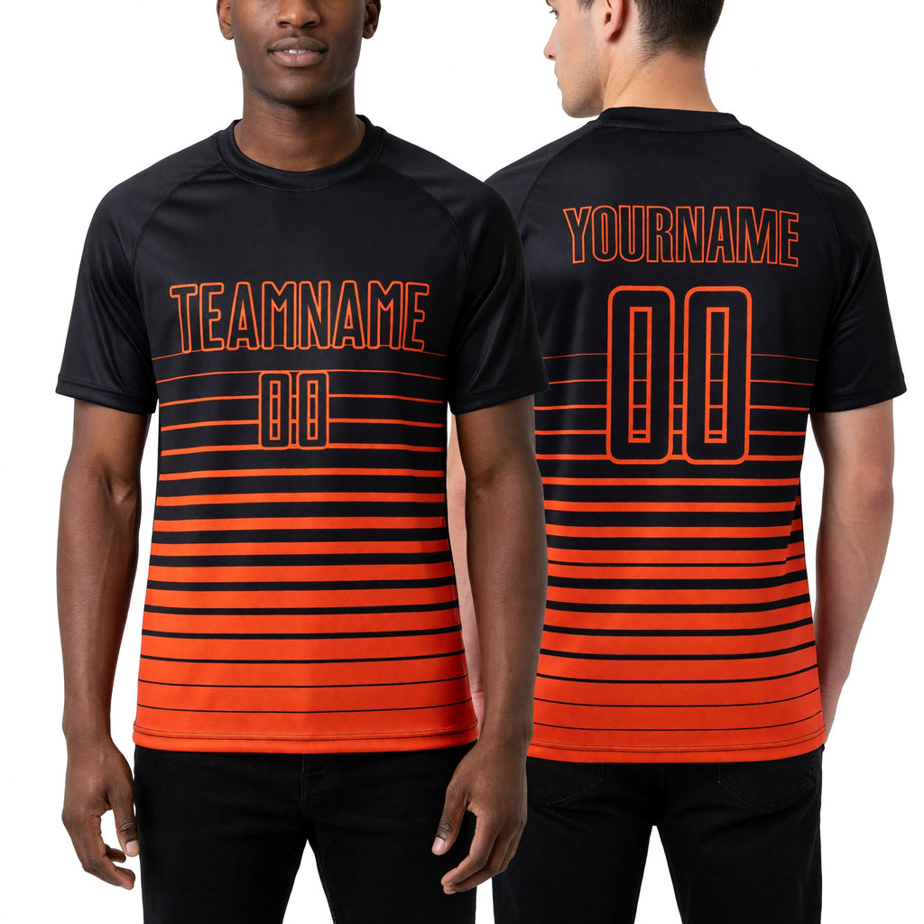 Custom Black Orange Pinstripe Fade Fashion Sublimation Soccer Uniform Jersey worn front and back