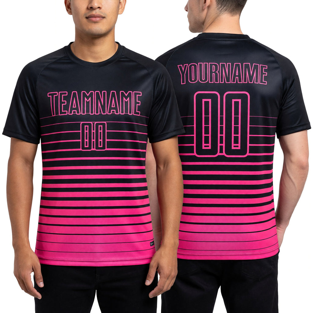 Custom Black Pink Pinstripe Fade Fashion Sublimation Soccer Uniform Jersey worn front and back