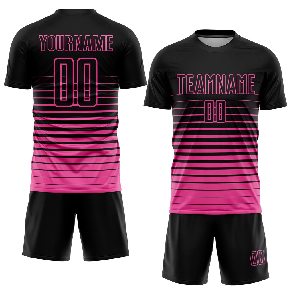 Custom Black Pink Pinstripe Fade Fashion Sublimation Soccer Uniform Jersey photo 2