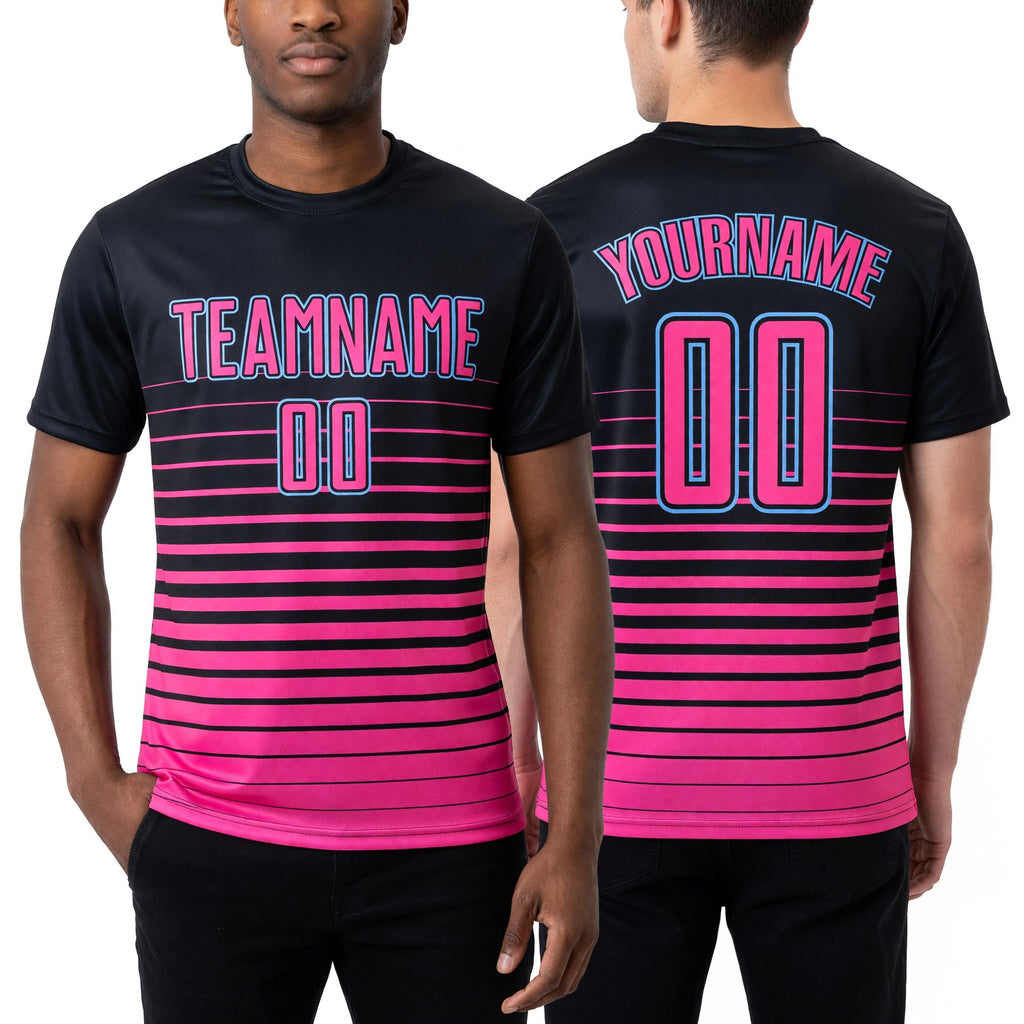 Custom Black Pink-Light Blue Pinstripe Fade Fashion Sublimation Soccer Uniform Jersey worn front and back
