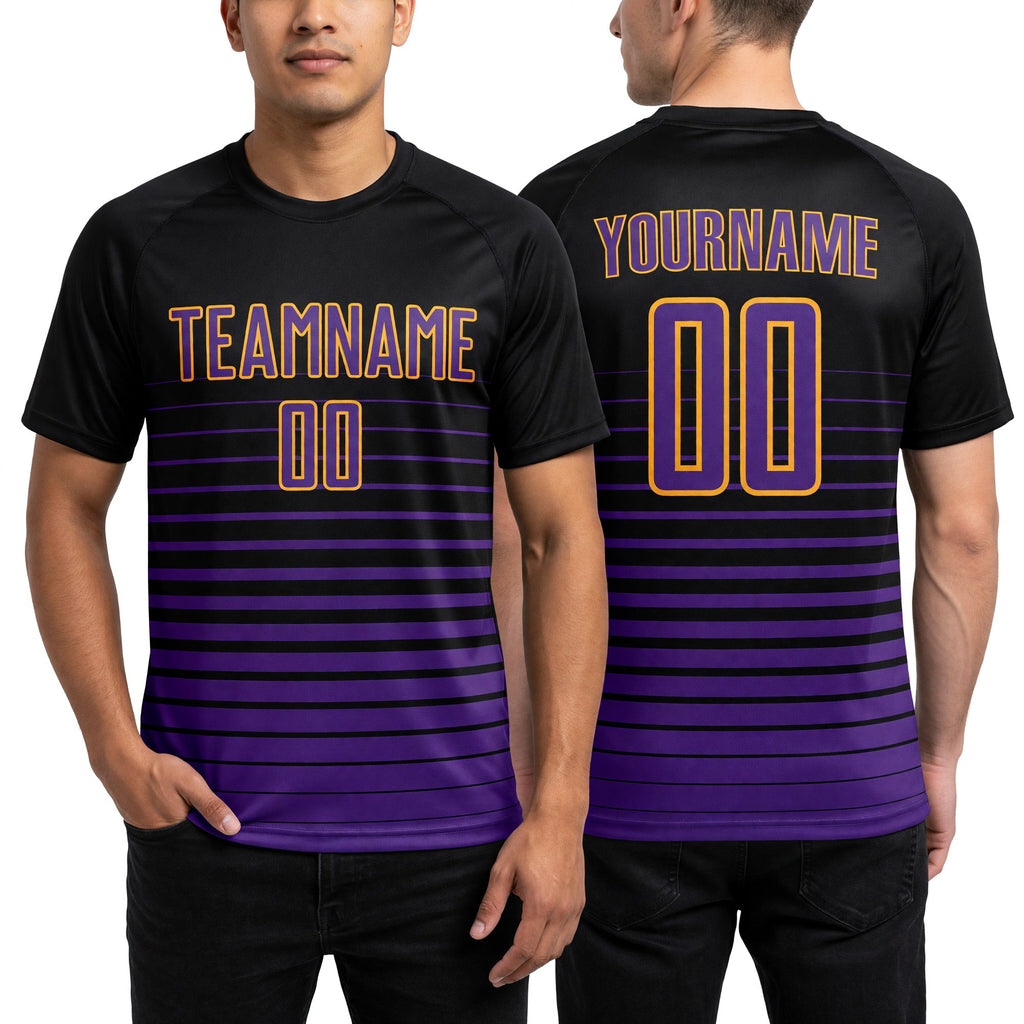 Custom Black Purple-Gold Pinstripe Fade Fashion Sublimation Soccer Uniform Jersey worn front and back