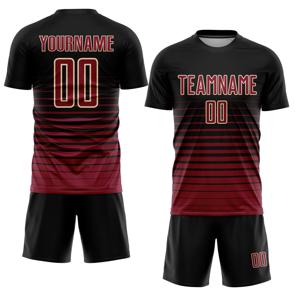 Custom Black Maroon-Cream Pinstripe Fade Fashion Sublimation Soccer Uniform Jersey photo 2