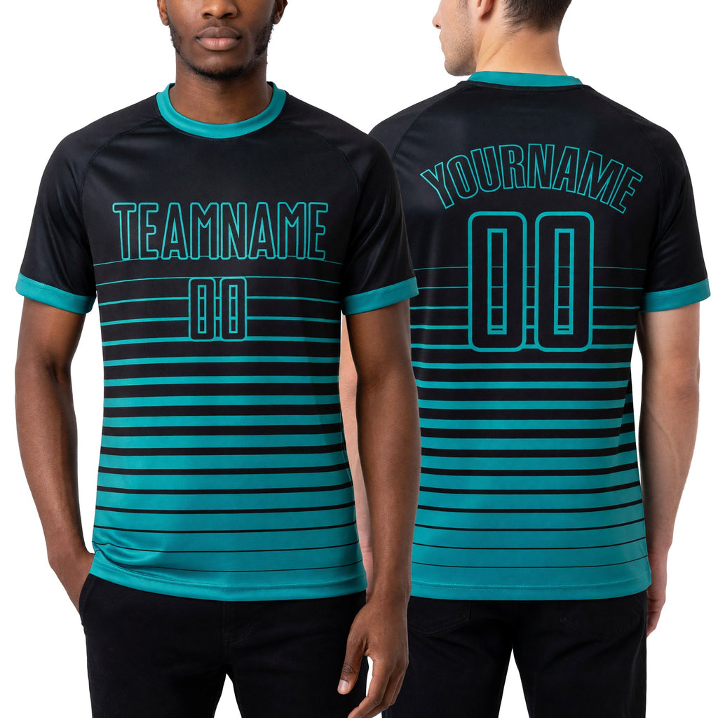 Custom Black Aqua Pinstripe Fade Fashion Sublimation Soccer Uniform Jersey worn front and back