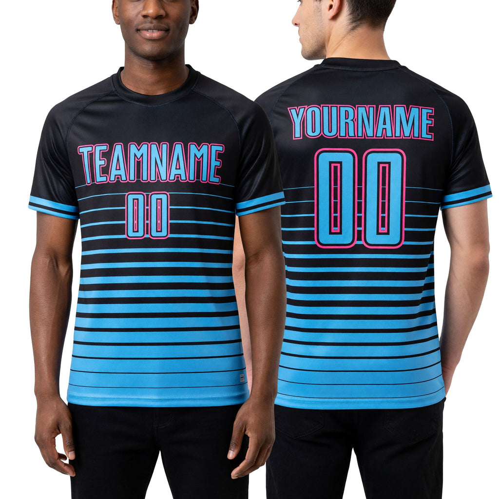 Custom Black Sky Blue-Pink Pinstripe Fade Fashion Sublimation Soccer Uniform Jersey worn front and back