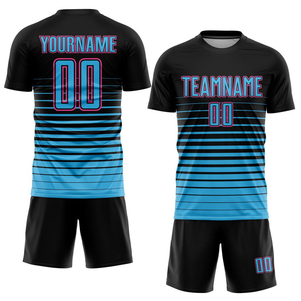 Custom Black Sky Blue-Pink Pinstripe Fade Fashion Sublimation Soccer Uniform Jersey photo 2