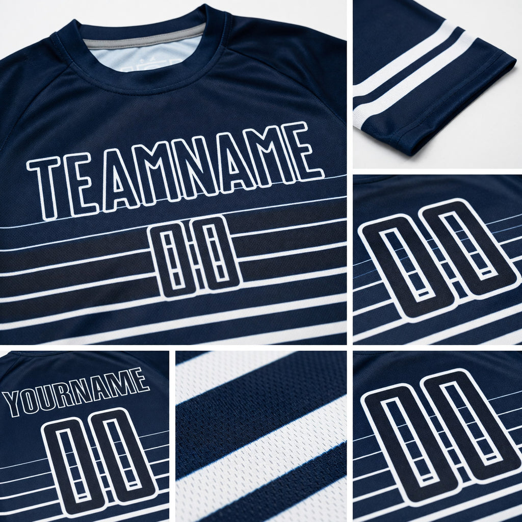 Custom Navy White Pinstripe Fade Fashion Sublimation Soccer Uniform Jersey detail