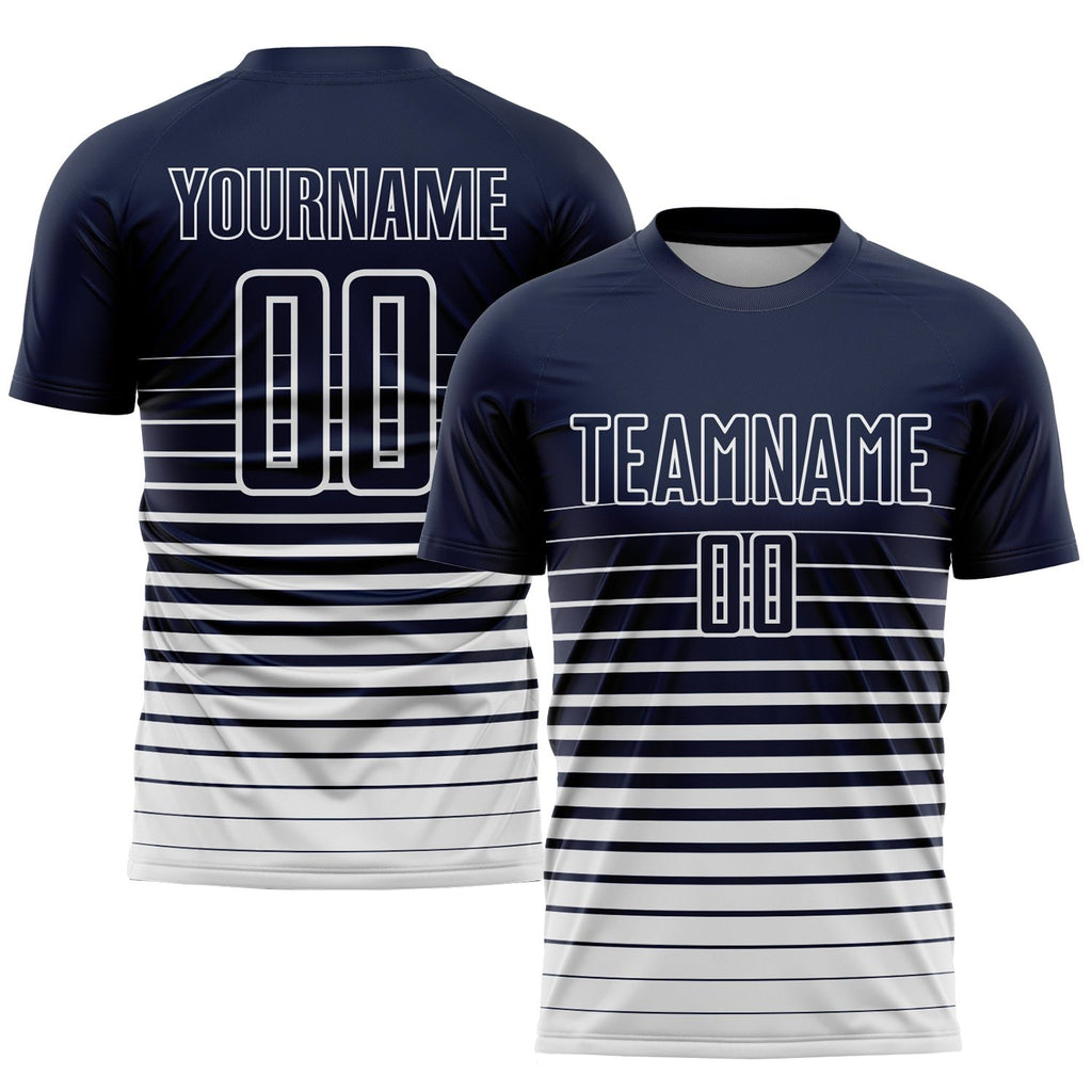 Custom Navy White Pinstripe Fade Fashion Sublimation Soccer Uniform Jersey photo 1