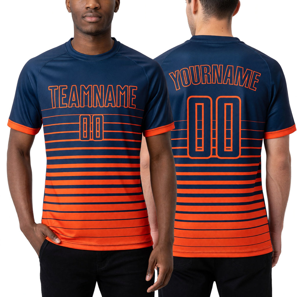 Custom Navy Orange Pinstripe Fade Fashion Sublimation Soccer Uniform Jersey worn front and back