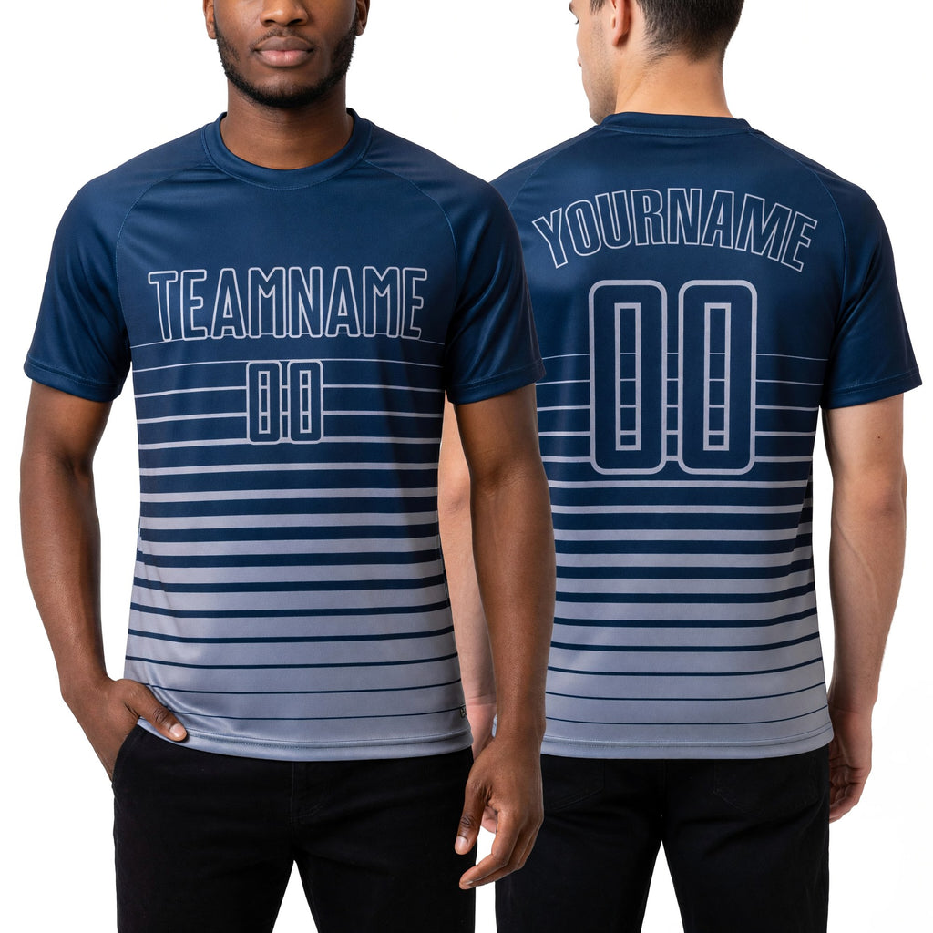 Custom Navy Gray Pinstripe Fade Fashion Sublimation Soccer Uniform Jersey worn front and back