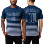 Custom Navy Gray Pinstripe Fade Fashion Sublimation Soccer Uniform Jersey worn front and back