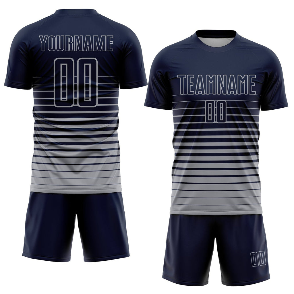 Custom Navy Gray Pinstripe Fade Fashion Sublimation Soccer Uniform Jersey photo 2