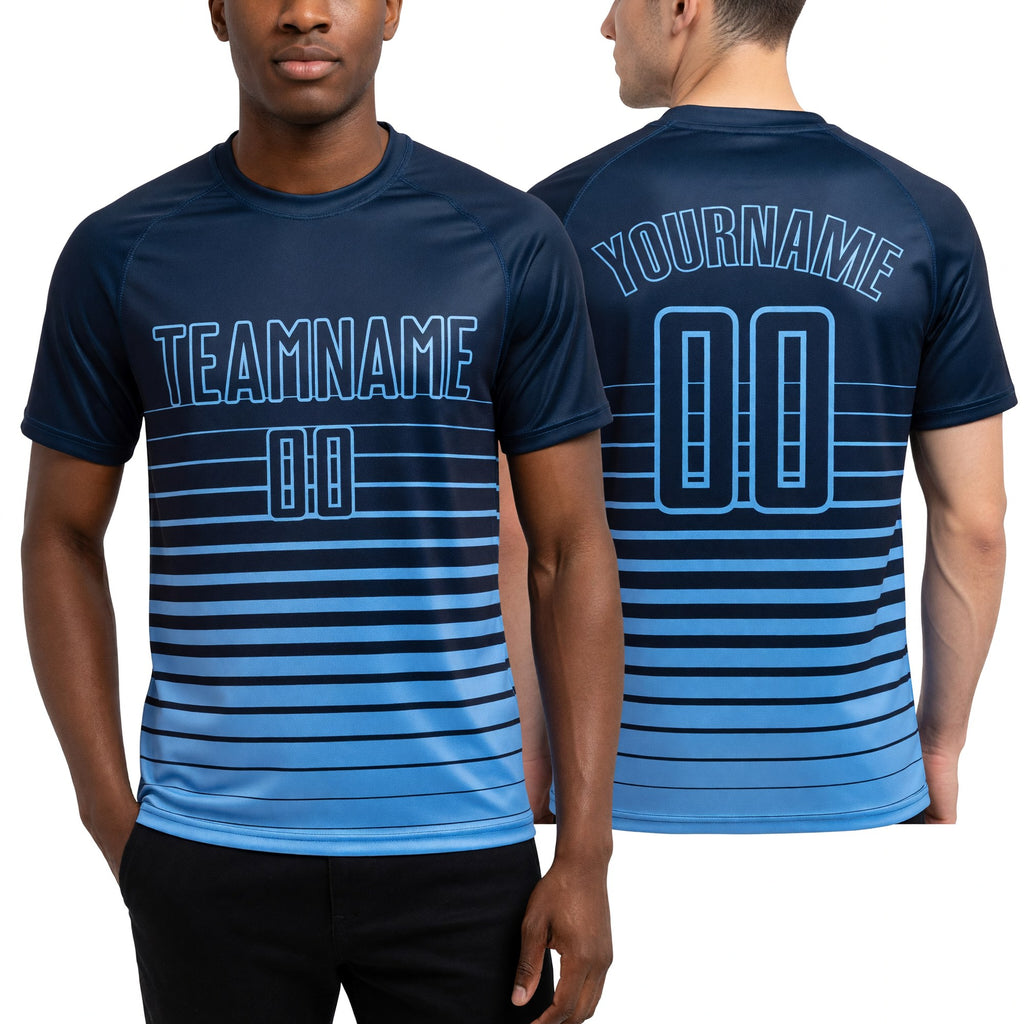 Custom Navy Light Blue Pinstripe Fade Fashion Sublimation Soccer Uniform Jersey worn front and back