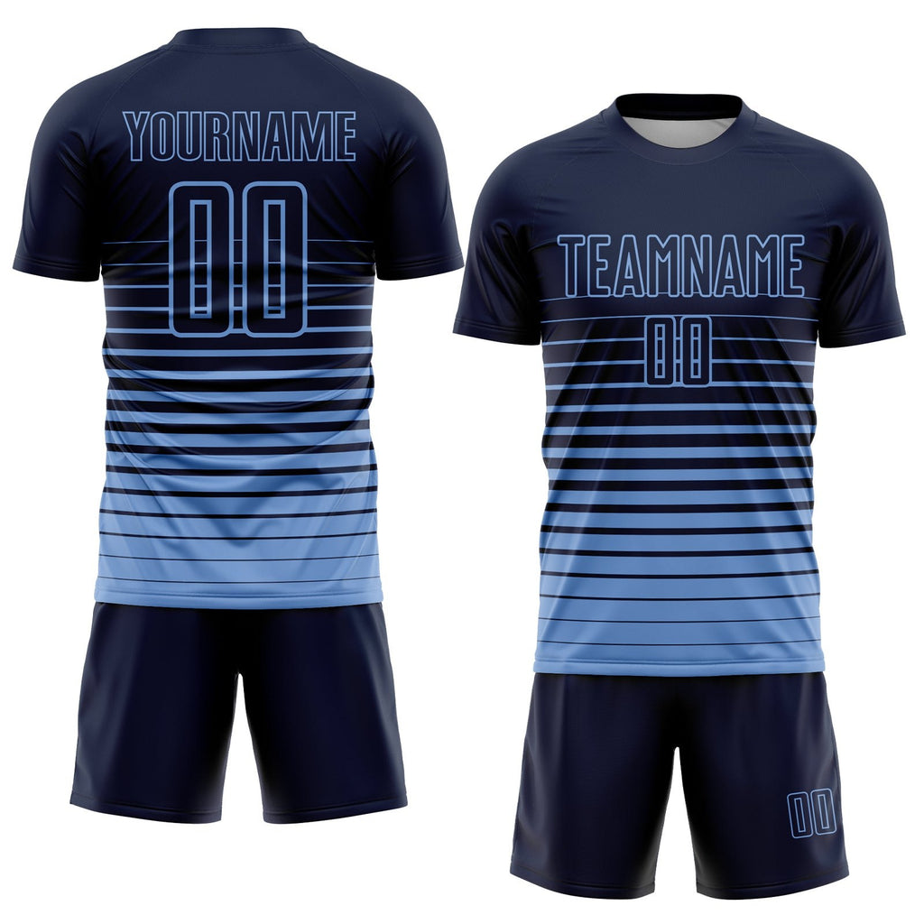 Custom Navy Light Blue Pinstripe Fade Fashion Sublimation Soccer Uniform Jersey photo 2