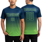 Custom Navy Neon Green Pinstripe Fade Fashion Sublimation Soccer Uniform Jersey worn front and back
