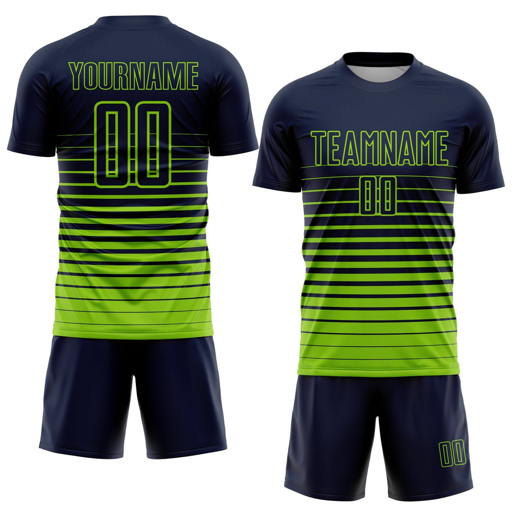 Custom Navy Neon Green Pinstripe Fade Fashion Sublimation Soccer Uniform Jersey photo 2