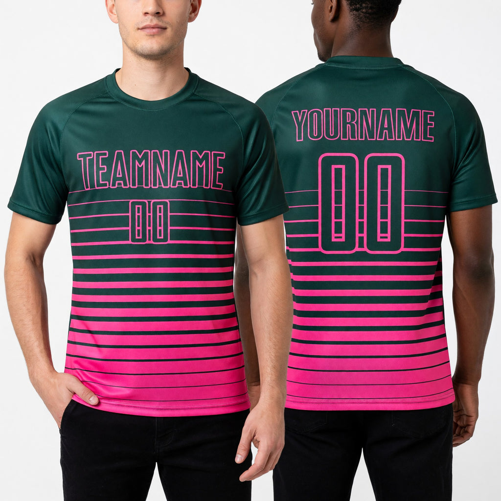 Custom Green Pink Pinstripe Fade Fashion Sublimation Soccer Uniform Jersey worn front and back