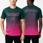 Custom Green Pink Pinstripe Fade Fashion Sublimation Soccer Uniform Jersey worn front and back