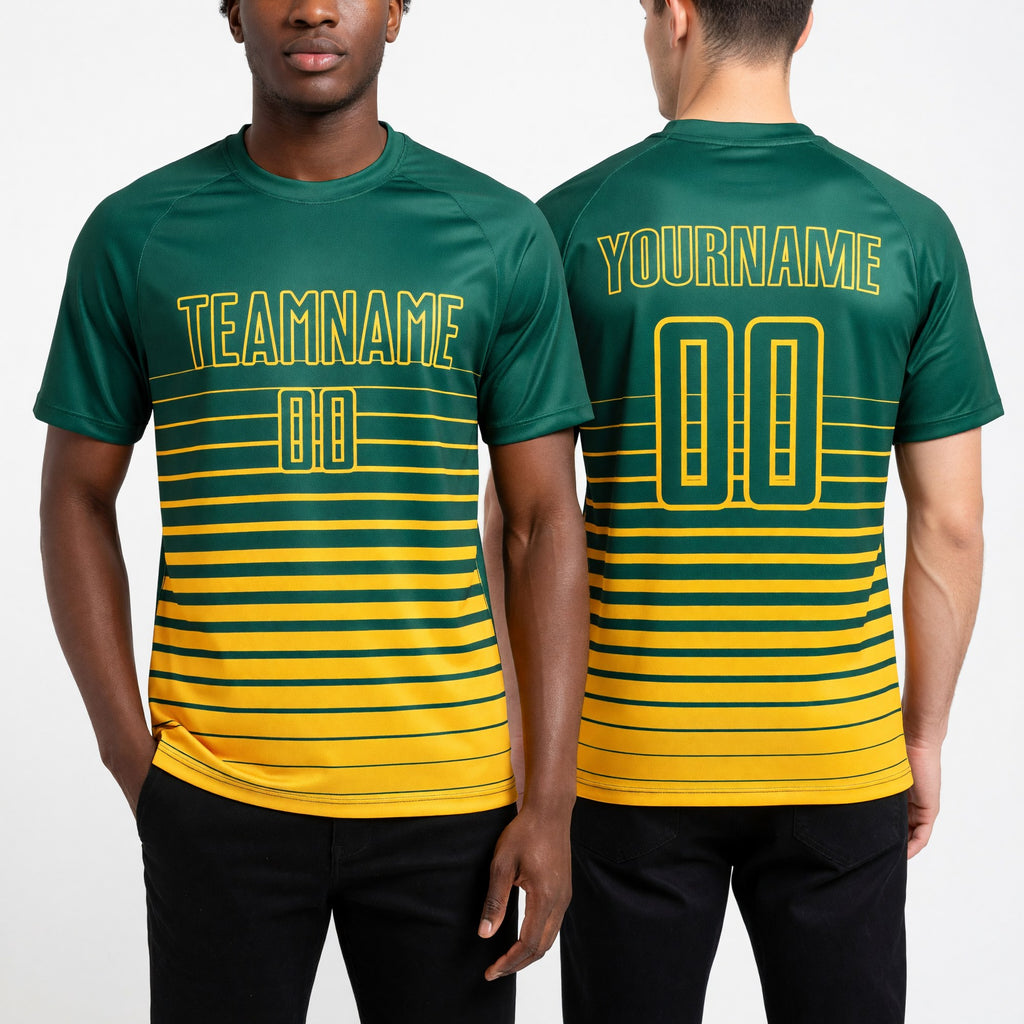 Custom Kelly Green Yellow Pinstripe Fade Fashion Sublimation Soccer Uniform Jersey worn front and back